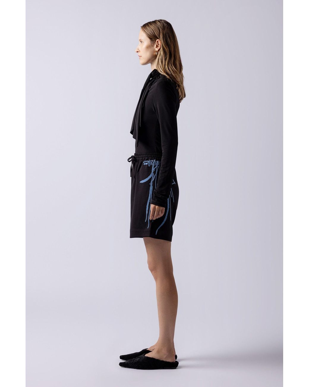 Lendrop Studios Black Leiko Crepe Long Embroidered Shorts