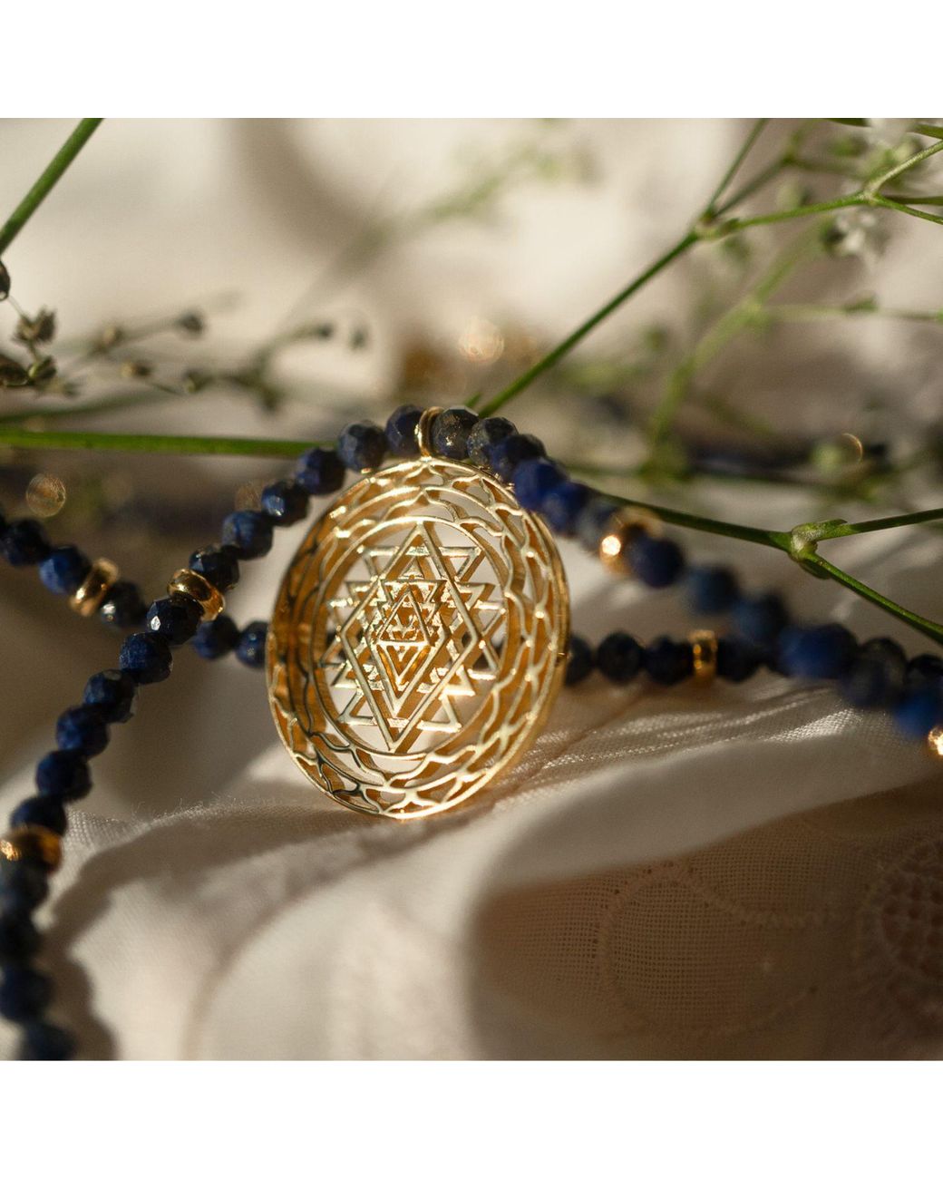 Seven Saints Metallic Sri Yantra Protection & Peace Necklace, Lapis Lazuli