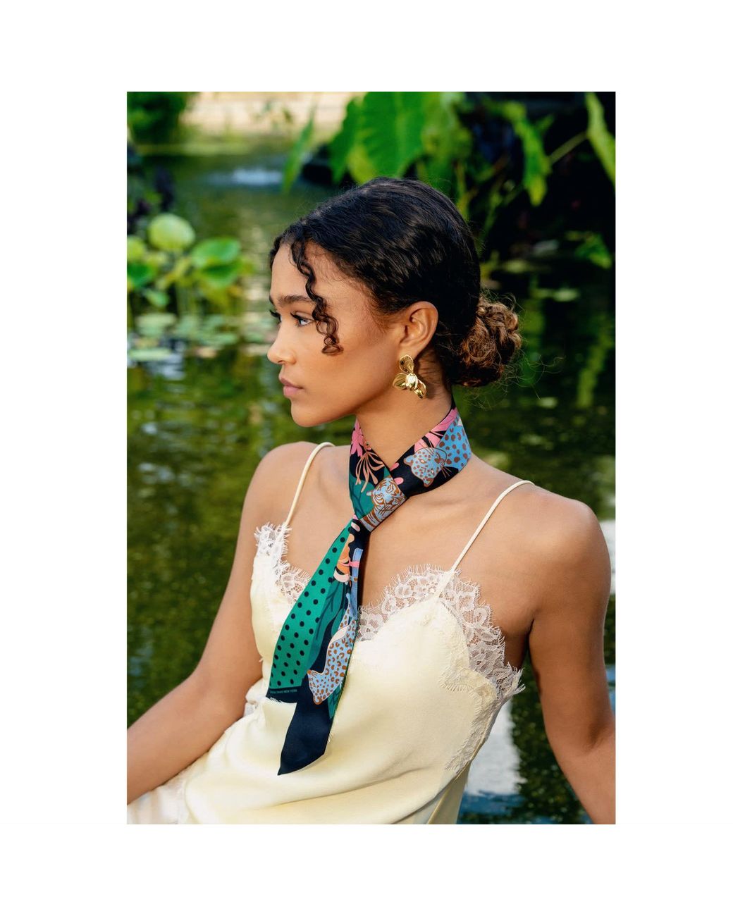 Jessie Zhao New York Green Silk Skinny Scarf Night Jungle Gathering