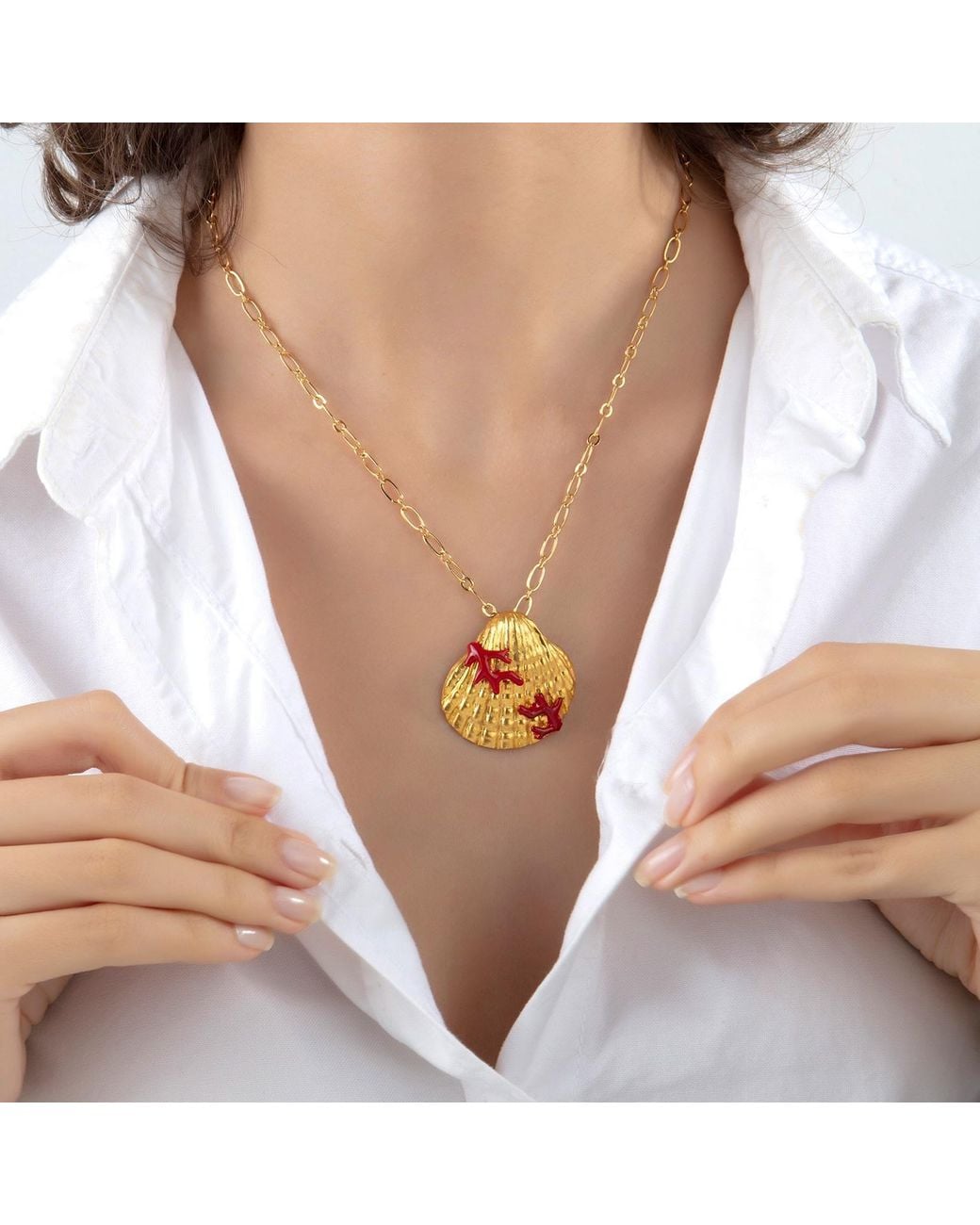 Milou Jewelry Red Seashell Necklace With Coral