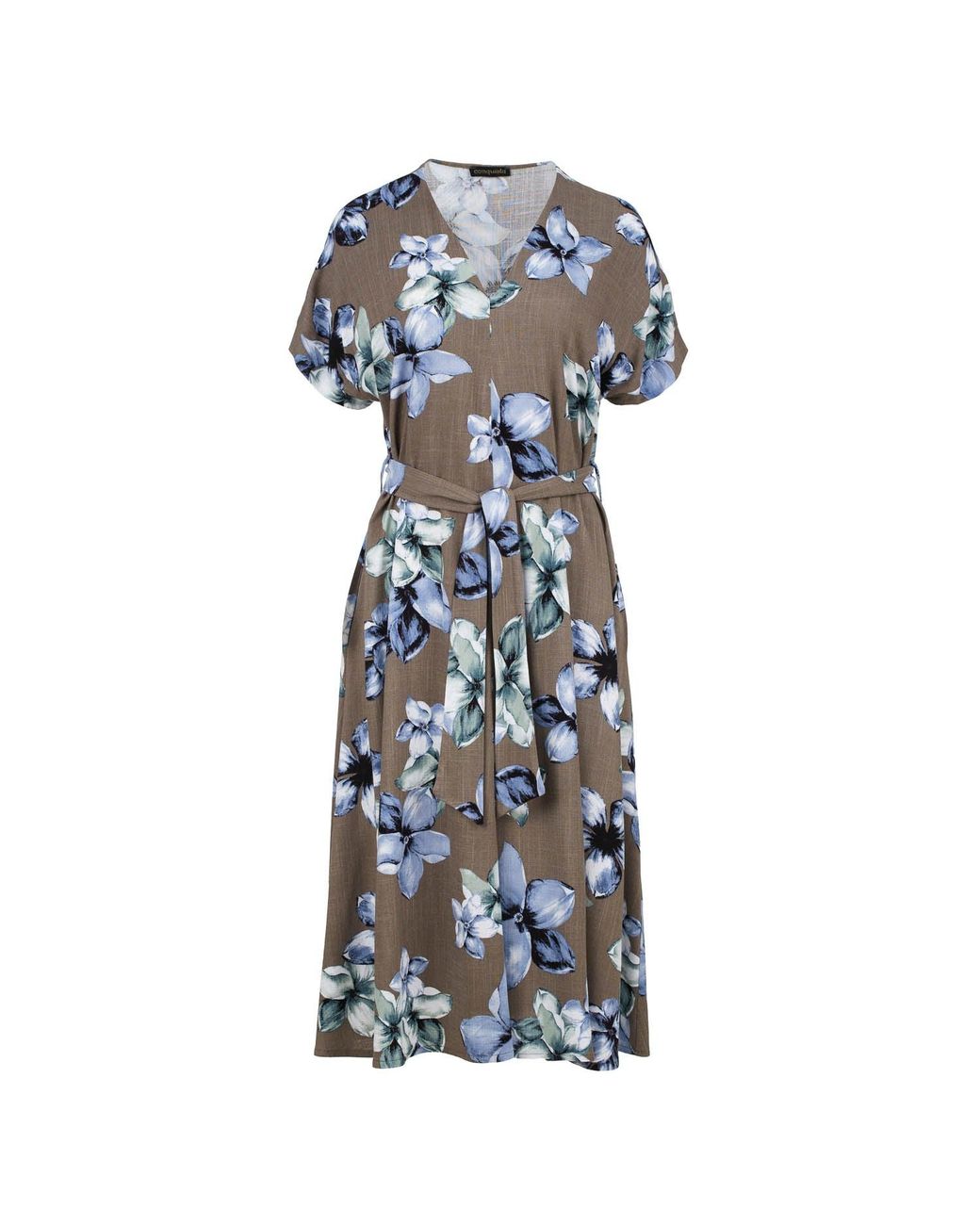 Conquista Blue Linen Style Floral Print Midi Dress With Belt