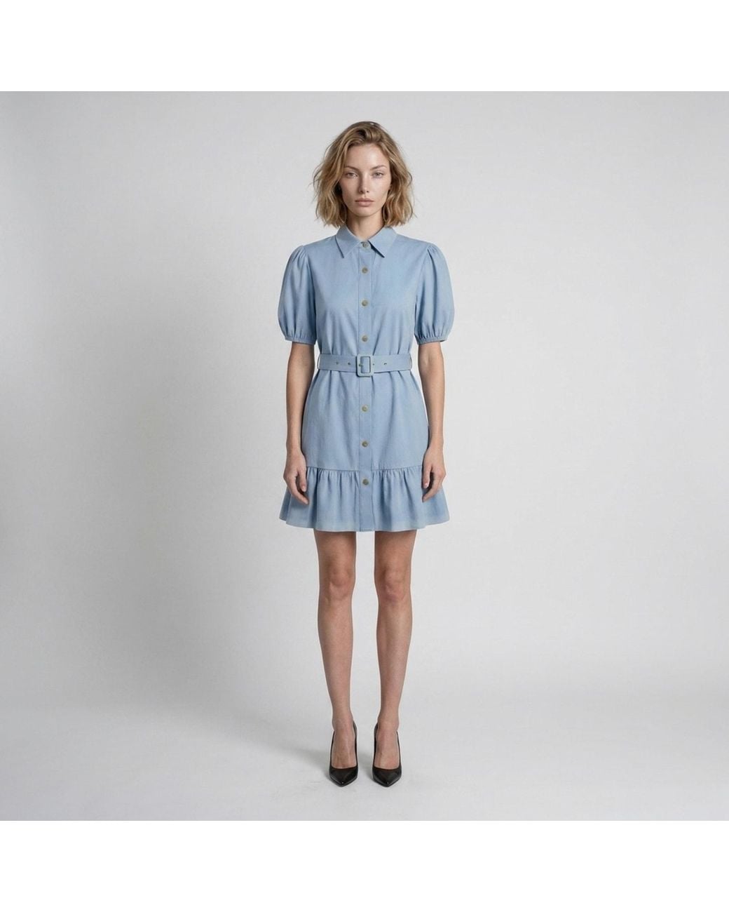 Modenaire Blue Button Up Mini Dress Sculpted Sleeve