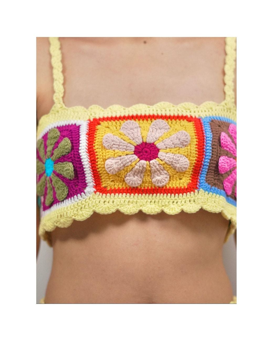 Ana Chic Yellow Butter Daisy Granny Square Handmade Crochet Crop Top