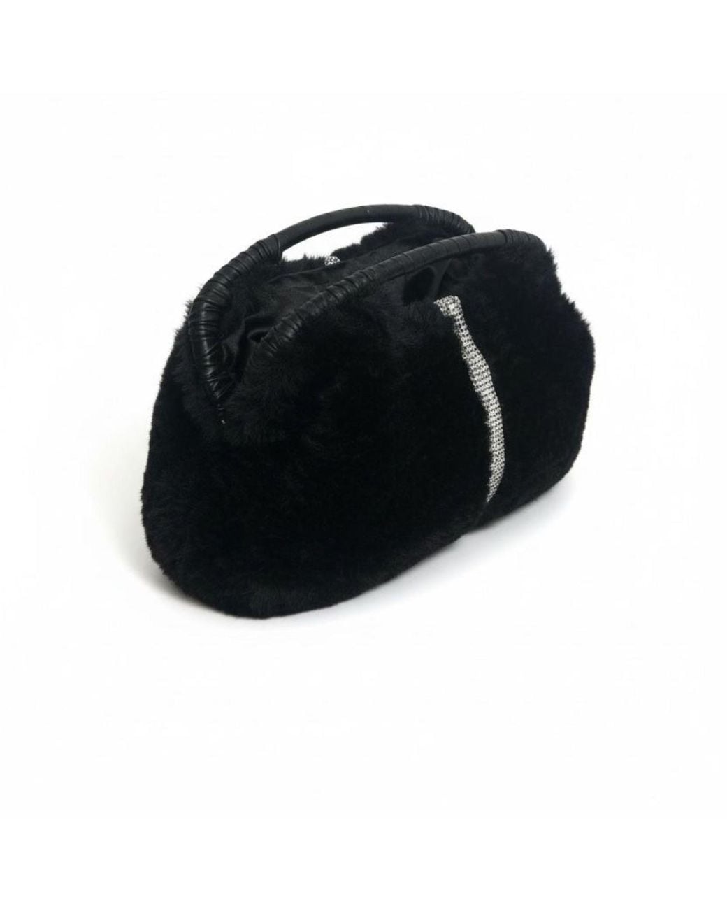 Springmoonatelier Black Handmade Plush Clutch Bag With Crystal Accent – Limited Edition Winter Luxury