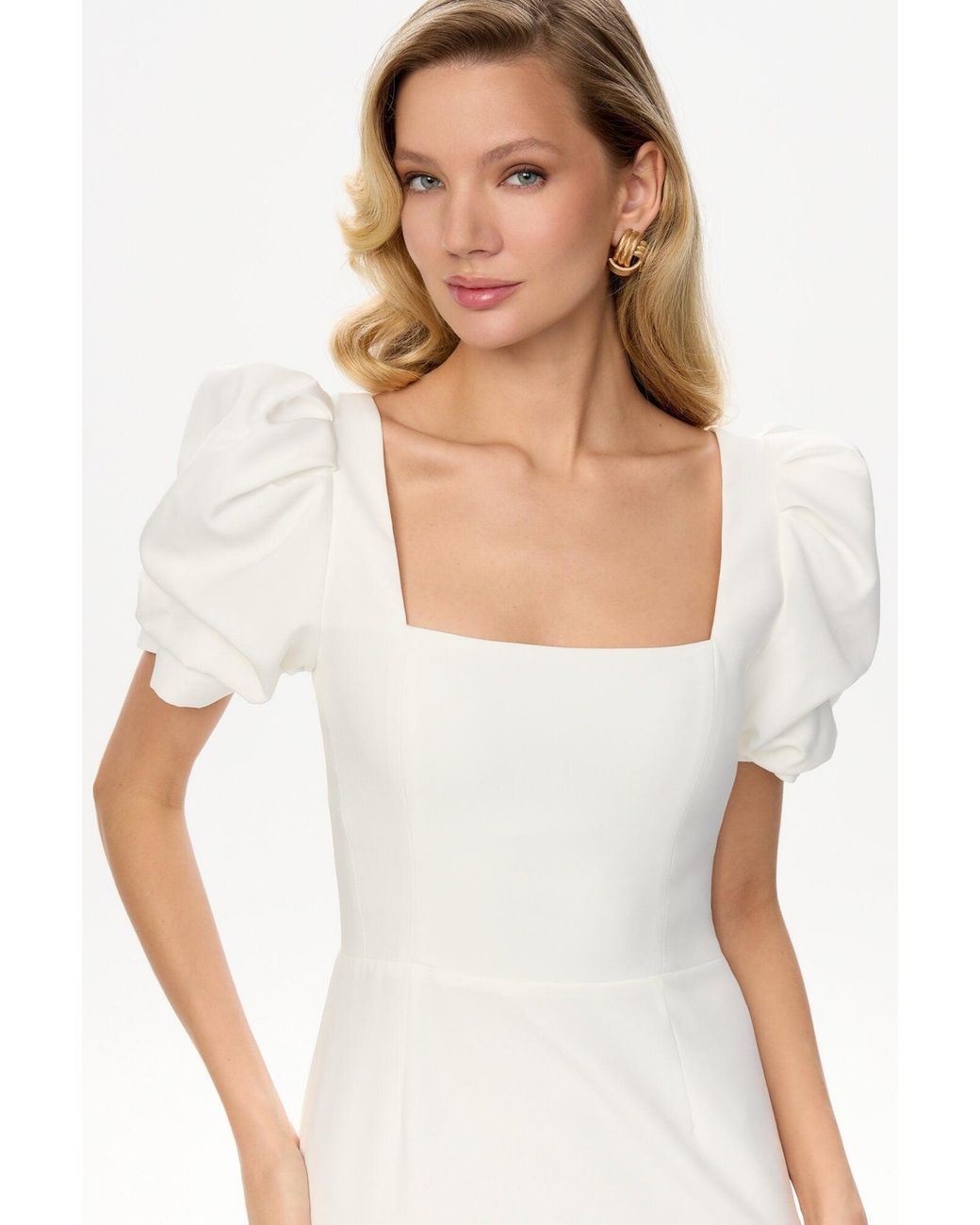 POST MERIDIEM White Godet Silhouette Square Neck Midi Dress