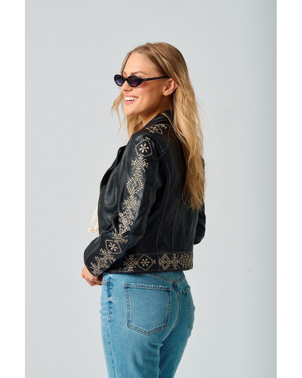 Mauritius Black Embroidered Leather Jacket Cora