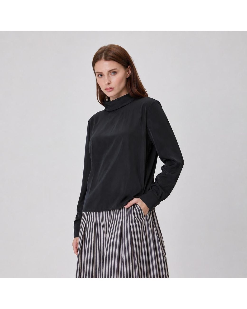 Smart and Joy Black High-Necked Blouse With Long Sleeves