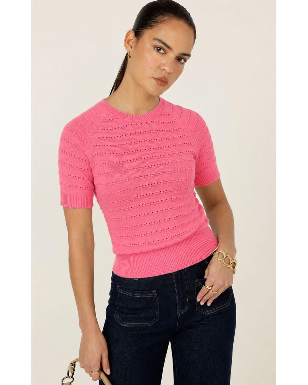 SACHA DRAKE Pink Eyelet Knit Top