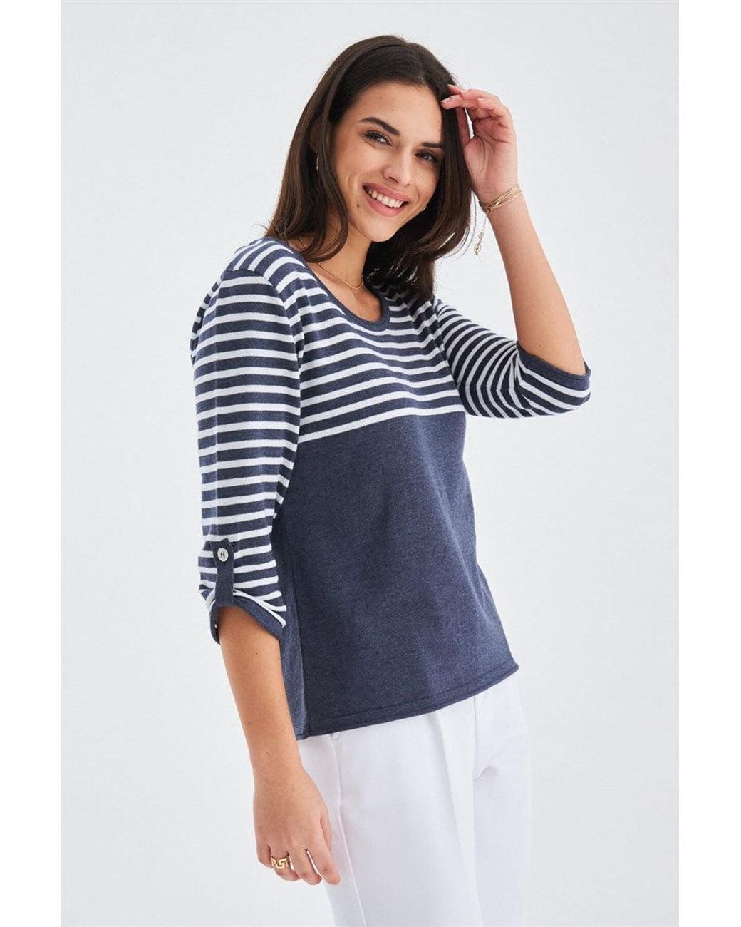 Peraluna Blue Sailor Striped Knitwear 3/4 Sleeve Pullover