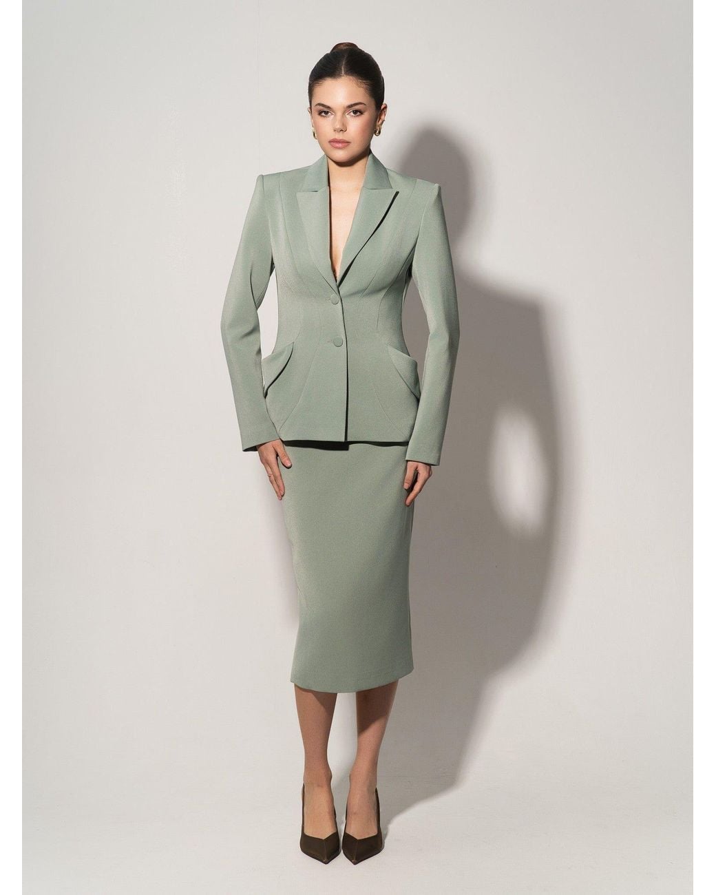 Tia Dorraine Green Tailored Fit Suiting Blazer & Skirt Suit