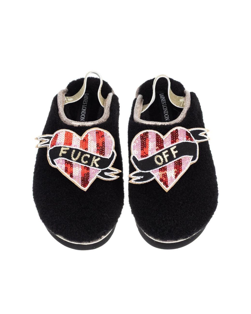 Laines London Black Flatform Cloud Slippers With & Stripe Fuck Off Heart Brooches