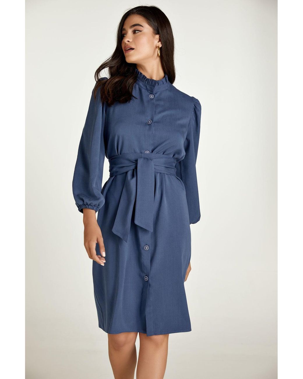 Conquista Blue Belted Long Sleeve Dress