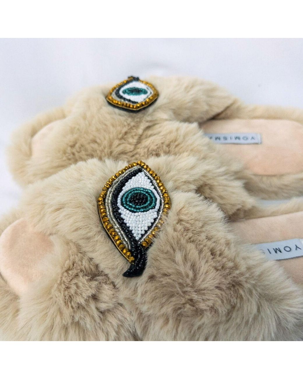 Yomisma Natural Neutrals Eco Faux Fur Slippers – Recycled Faux Fur + Evil Eye Embellishment
