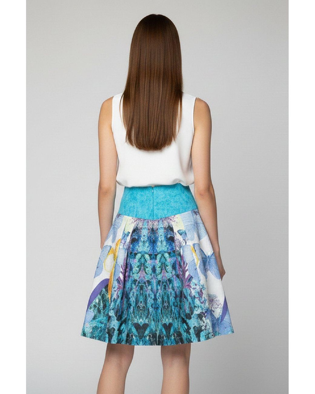 Conquista Blue Floral & Butterfly Print A-Line Skirt With Waistband