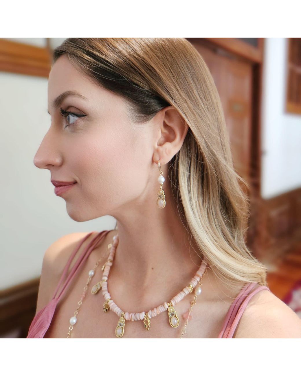 Farra Metallic Bohemian Rose Quartz & Freshwater Pearl Drop Earrings