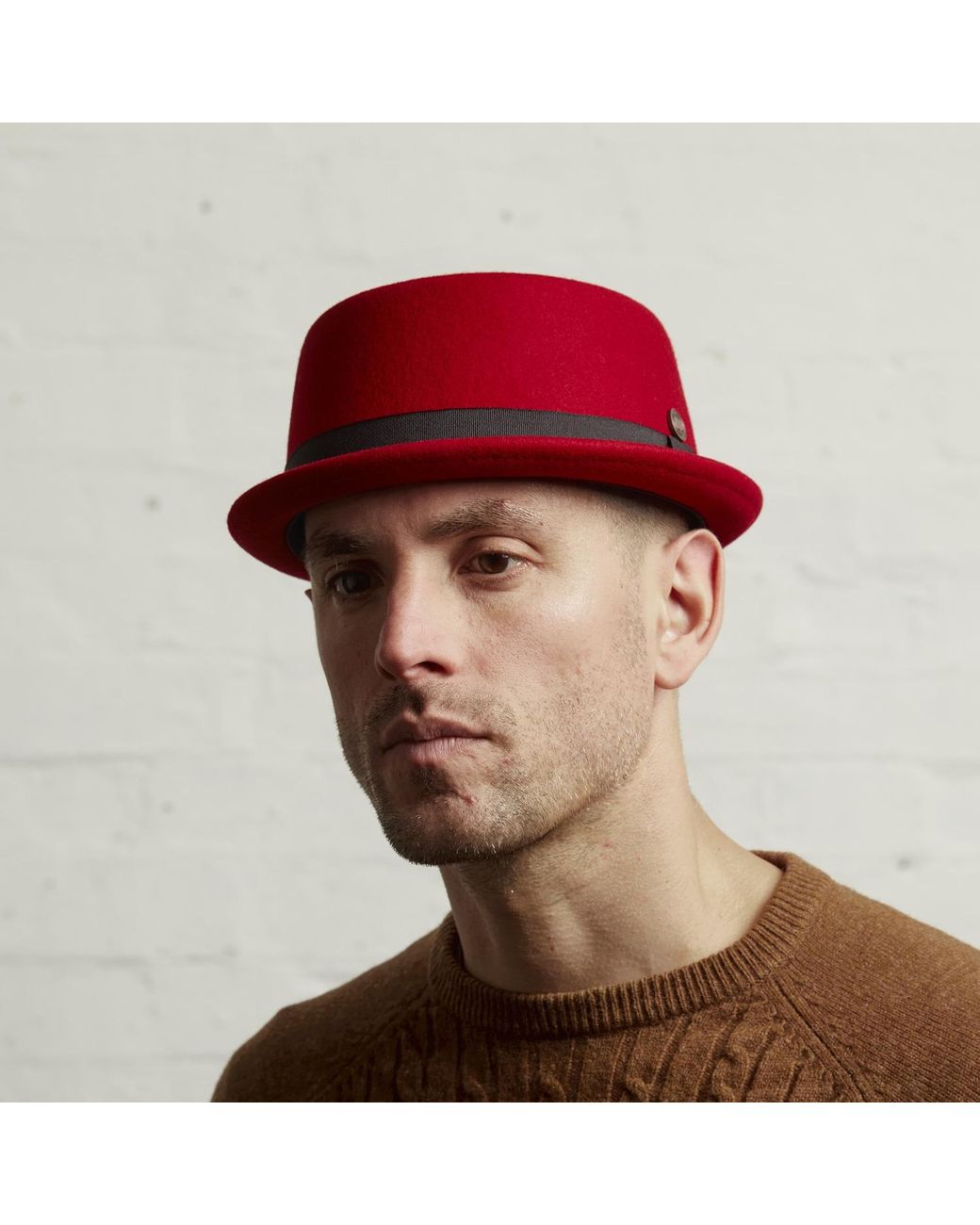 Dasmarca Hats Red Jack Ruby Felt Skimpy Brim Short Brim Rude Boy Mod Style Porkpie Hat for men
