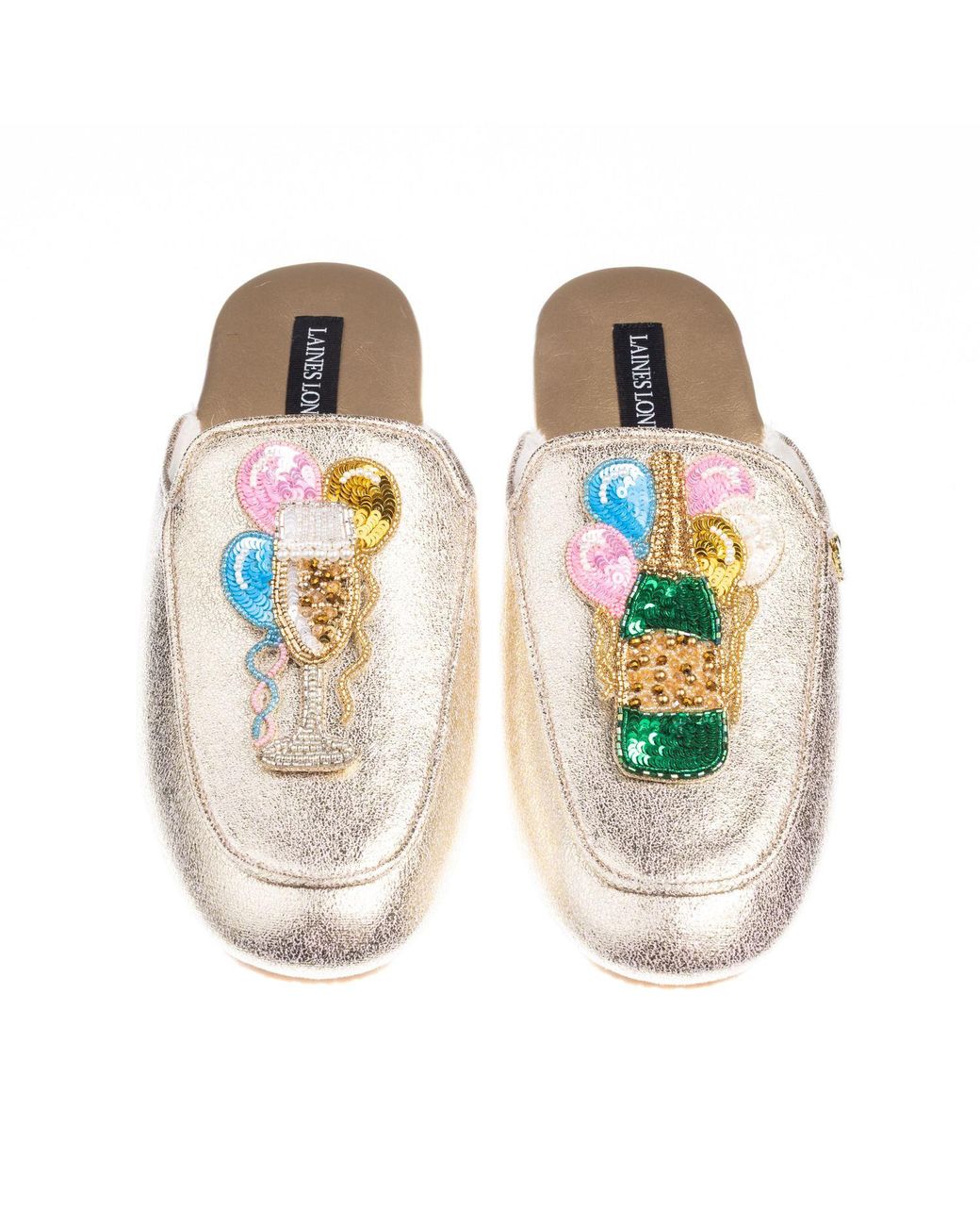 Laines London Metallic Classic Mules With Birthday Bubbles Brooches