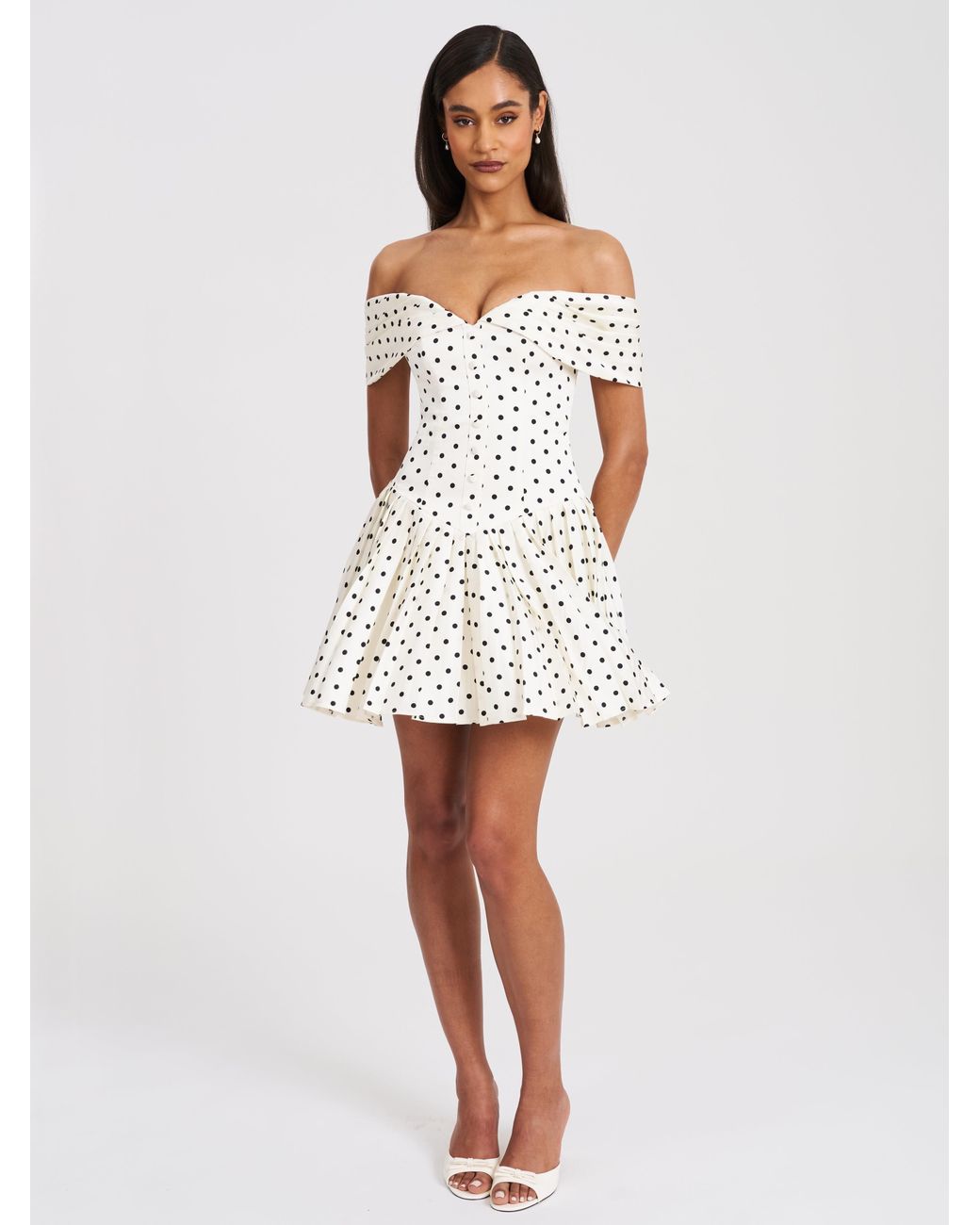 Miss Circle New York Edeline Polka Dot Off-Shoulder Pleated Mini Dress in  White | Lyst UK