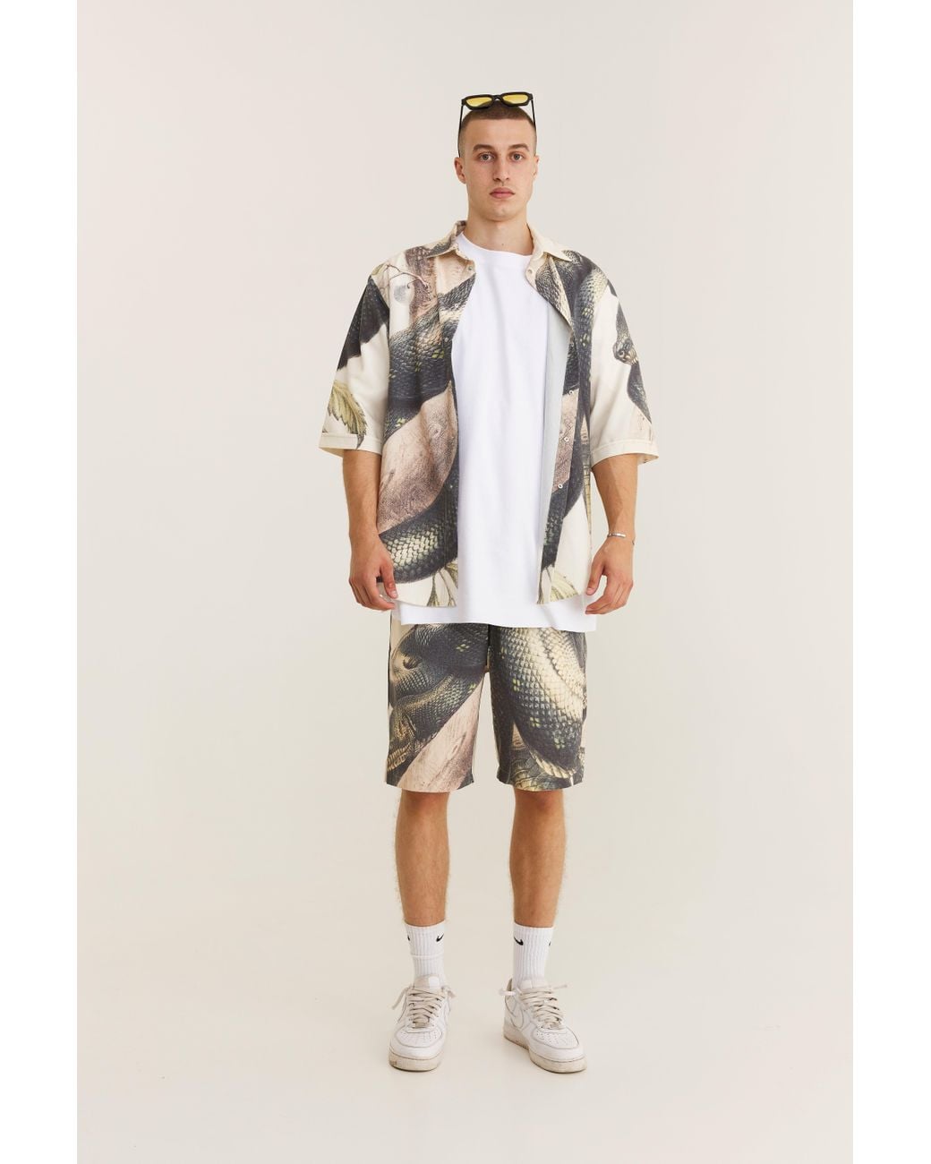 mysimplicated Natural Neutrals Short Sleeve Shirt And Bermuda Set With Snake Design for men