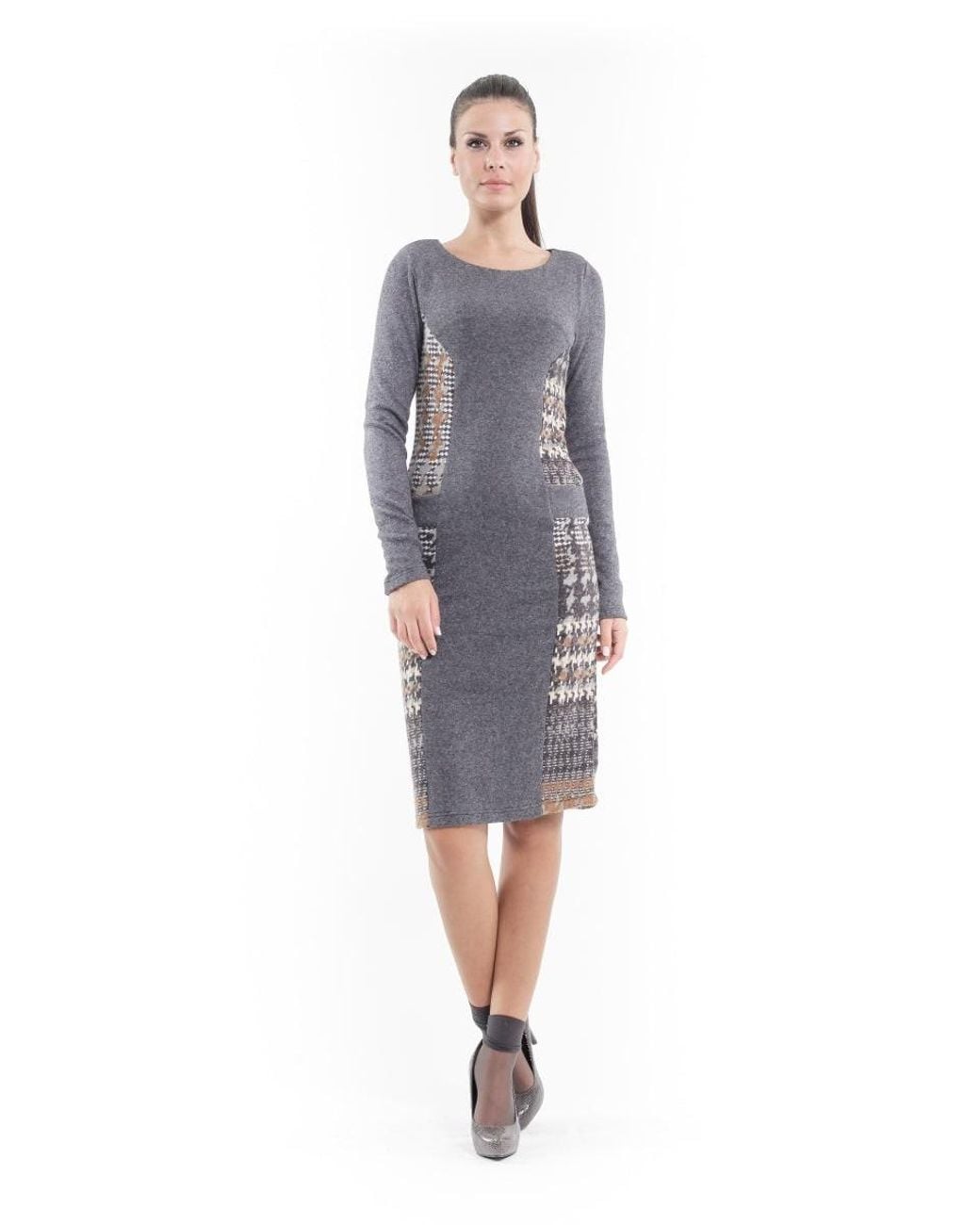 Conquista Gray Patterned Straight Sweater Dress