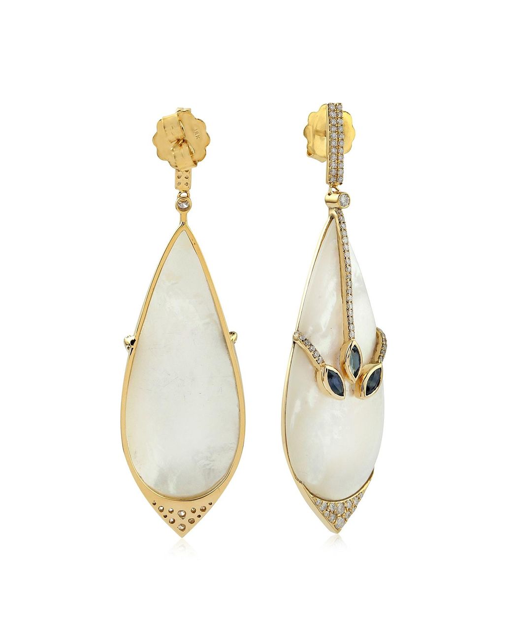 Artisan Metallic Natural Mother Of Pearl Sapphire Dangle Earrings 18k Yellow Gold Diamond
