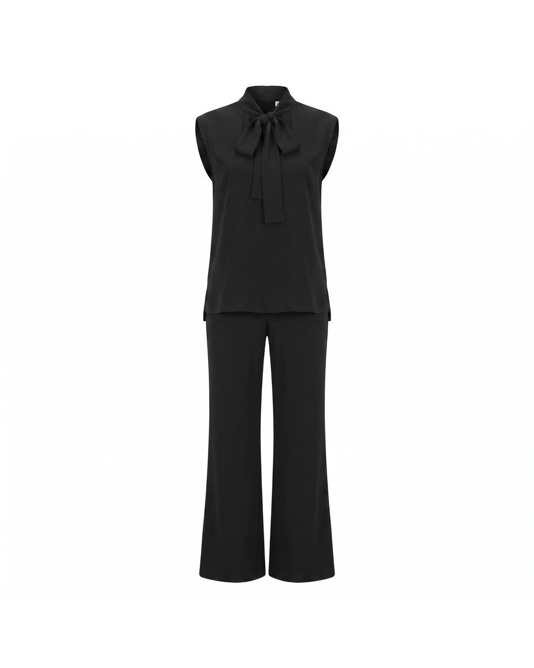 Modenaire Black Sleeveless Tie Neck Blouse And Wide Leg Trouser Set