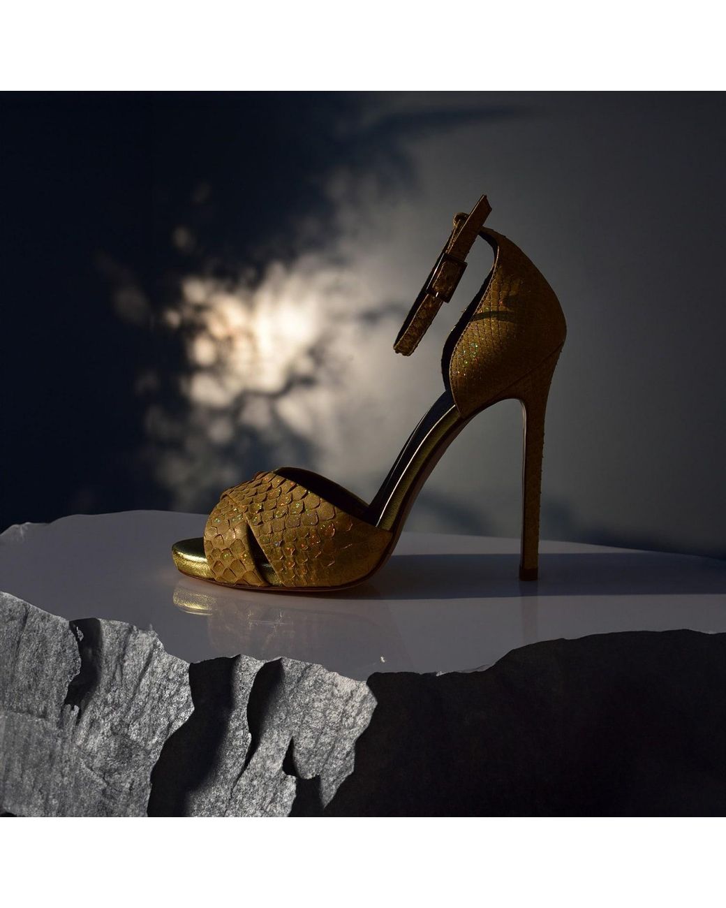 Aethra Shoes Natural Astrea Metallic Holographic Ankle Strap Sandal Stiletto Heels