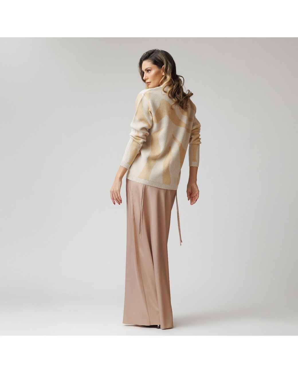 concept A trois Natural Neutrals Cream& Printed Cardigan With V Neckline, Knitted, With Crystal Buttons