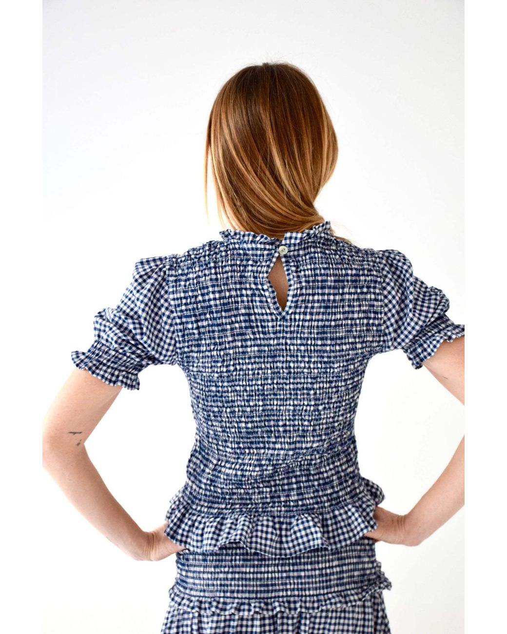 Mind Traveler Blue Gingham Smocked Lea Crop Top