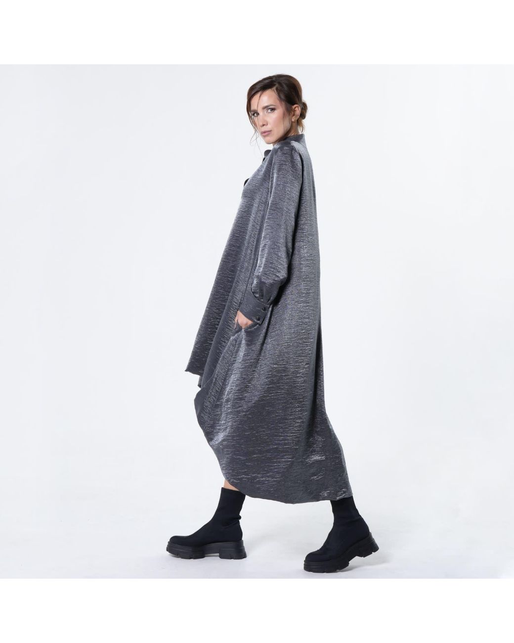 Metamorph Gray Shiny Metallic High-Low Dress
