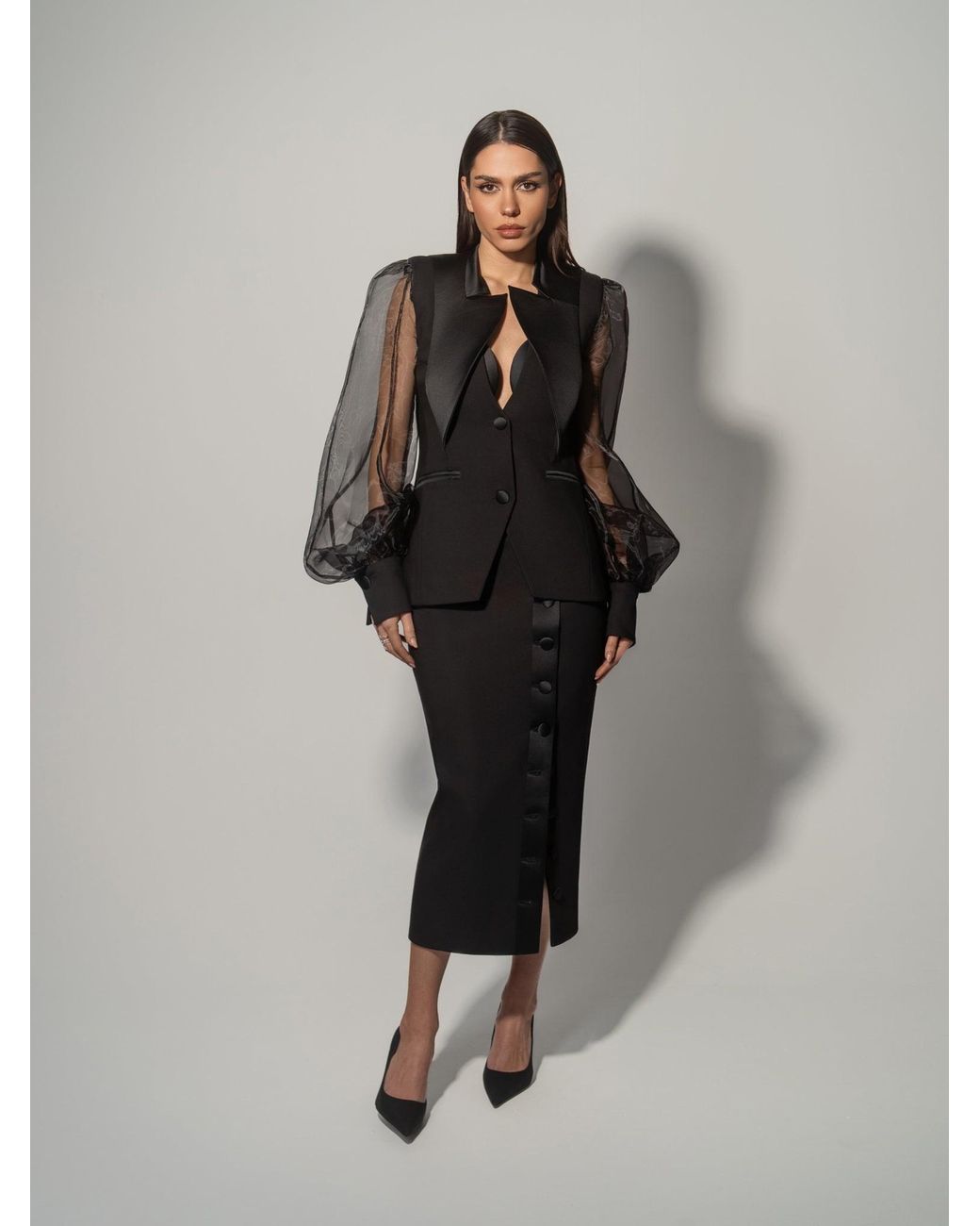 Tia Dorraine Black Femme Fatale Tailored Blazer With Organza Sleeves & Skirt Set
