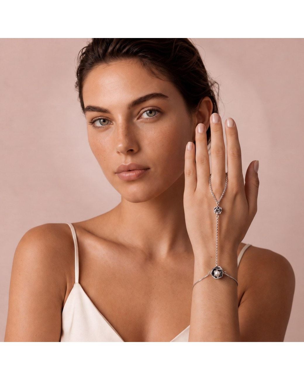 Unaloe Metallic Sterling Rose Hand Chain With Natural Pearl – Sculptural Floral Hand-Kissed Jewelry For