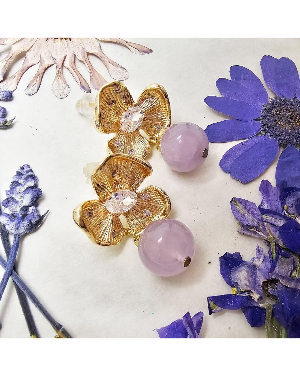 Farra Metallic Amethyst Dangle With Flower Stud Earrings
