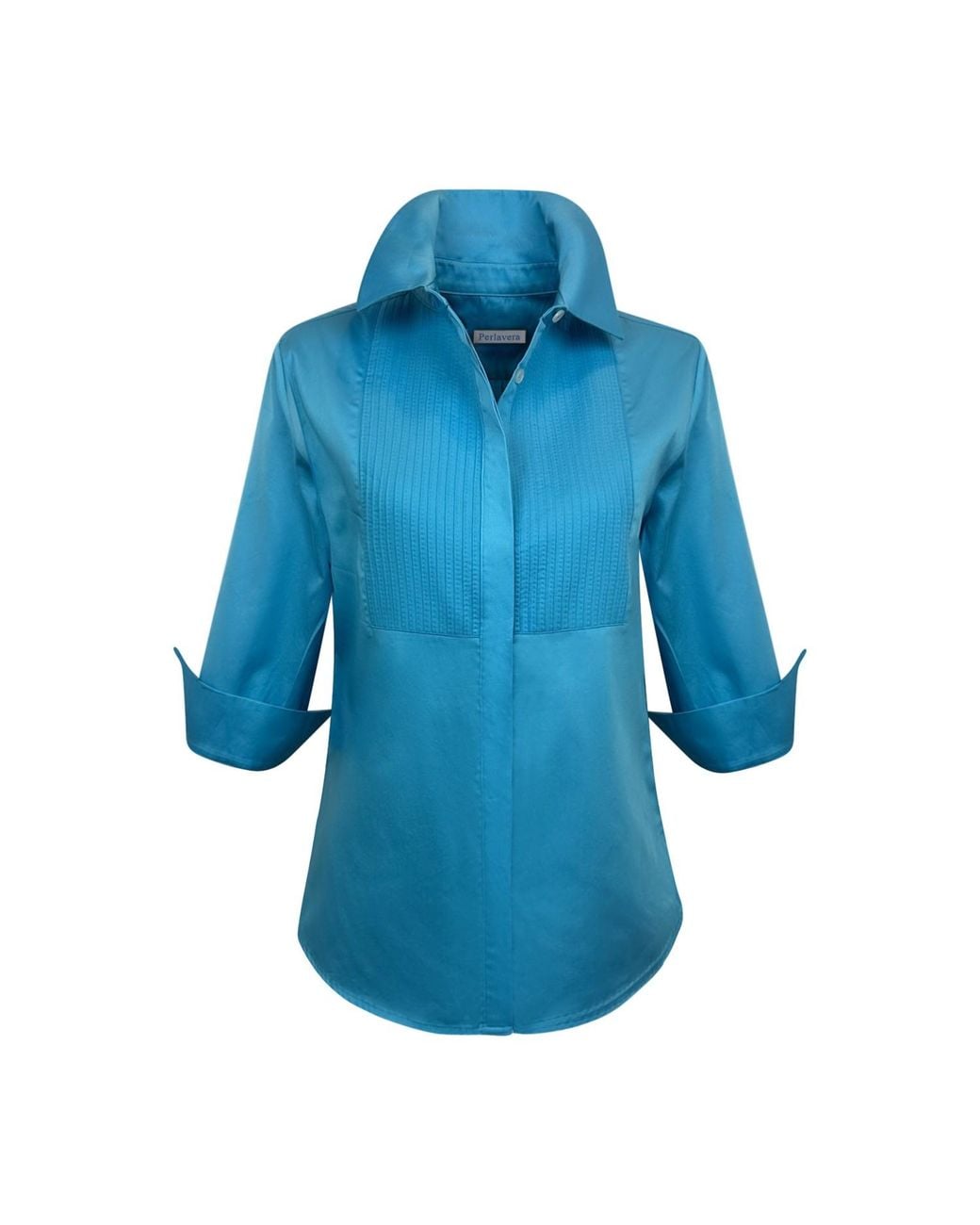 Perlavera Blue Cintuck Satin Three Quarter Sleeve Slim Fit Pintuck Shirt