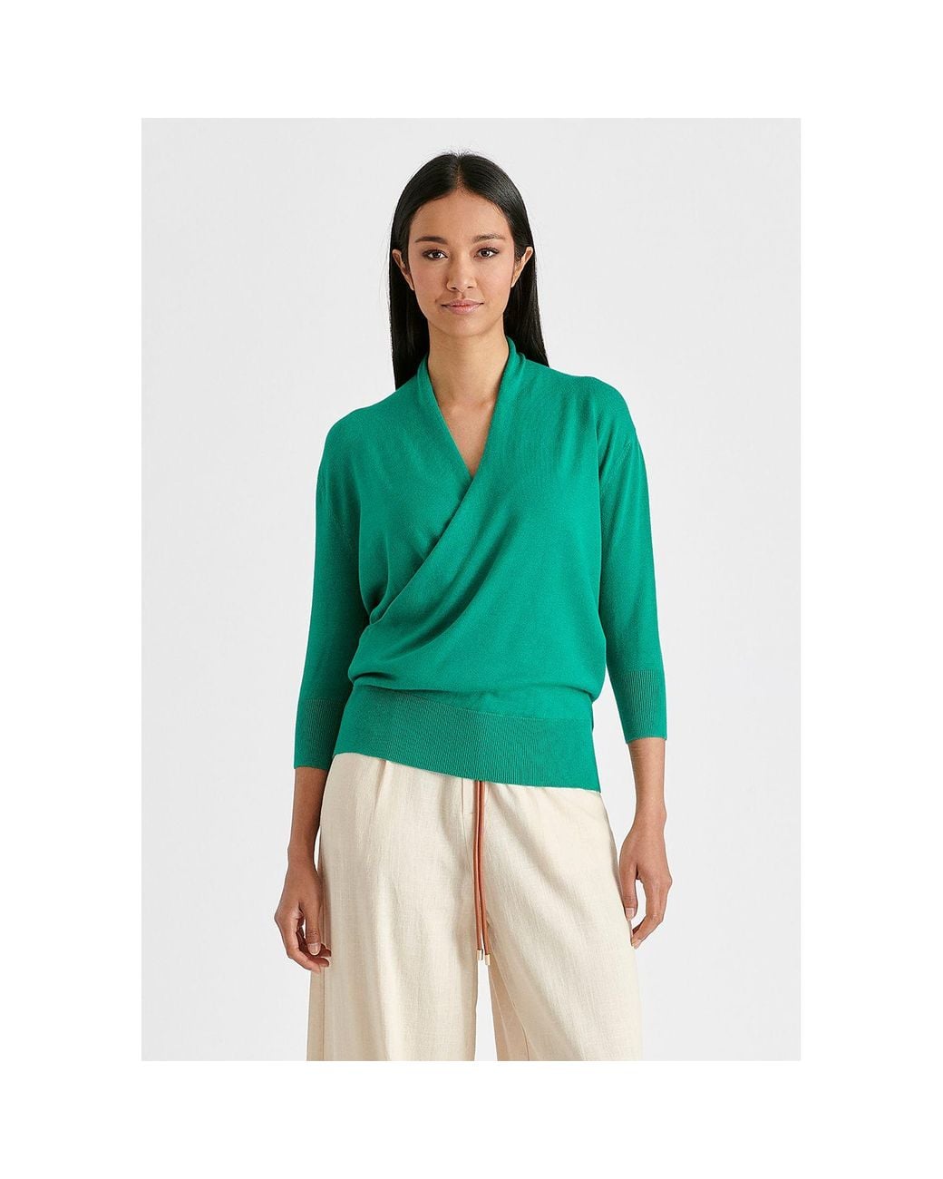 Paisie Green Cropped Sleeve Knit Wrap Top