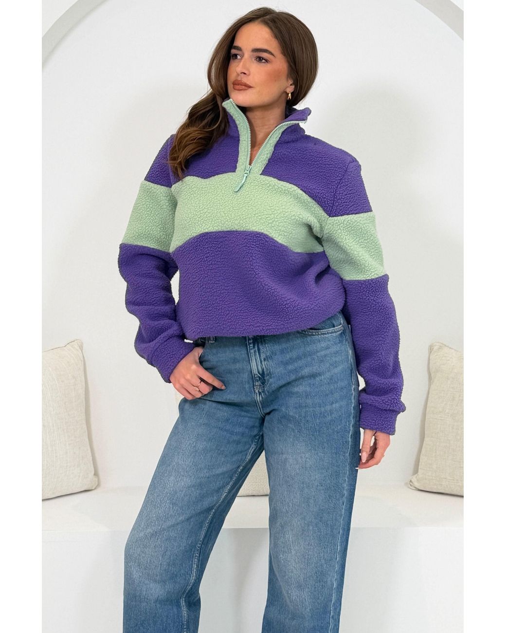 Girl In Mind Purple Beau 3/4 Zip Contrast Panel Fleece