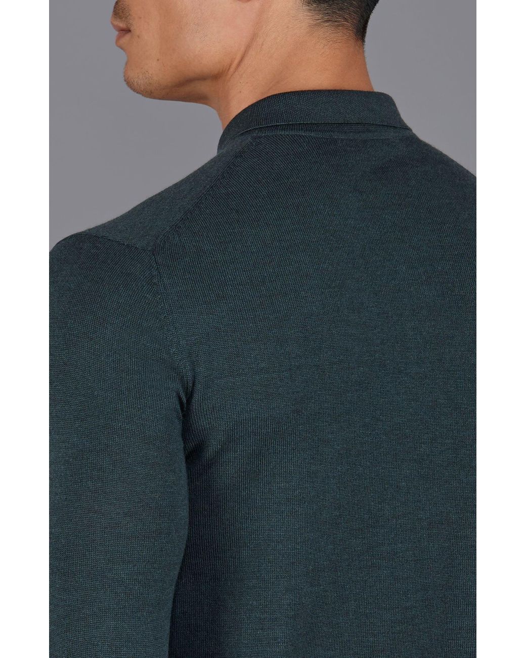 Paul James Knitwear Green Extra Fine Merino Wool Turner Long Sleeve Polo Shirt for men