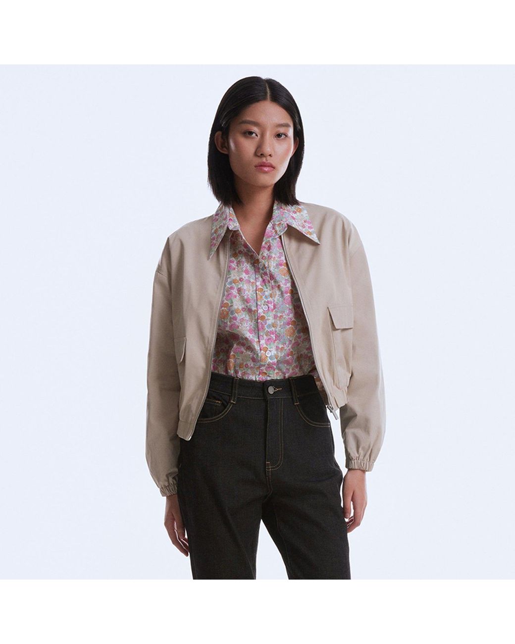 Smart and Joy Natural Neutrals Cropped Bomber Jacket