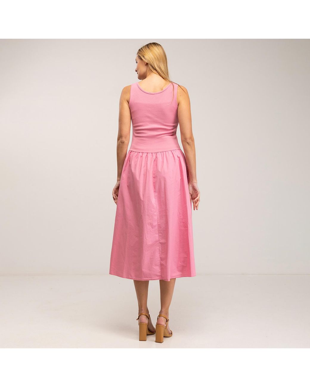 Tantra Spain Sl Pink Fitted Maxi Strap Dress With A Line Skirt And Pockets