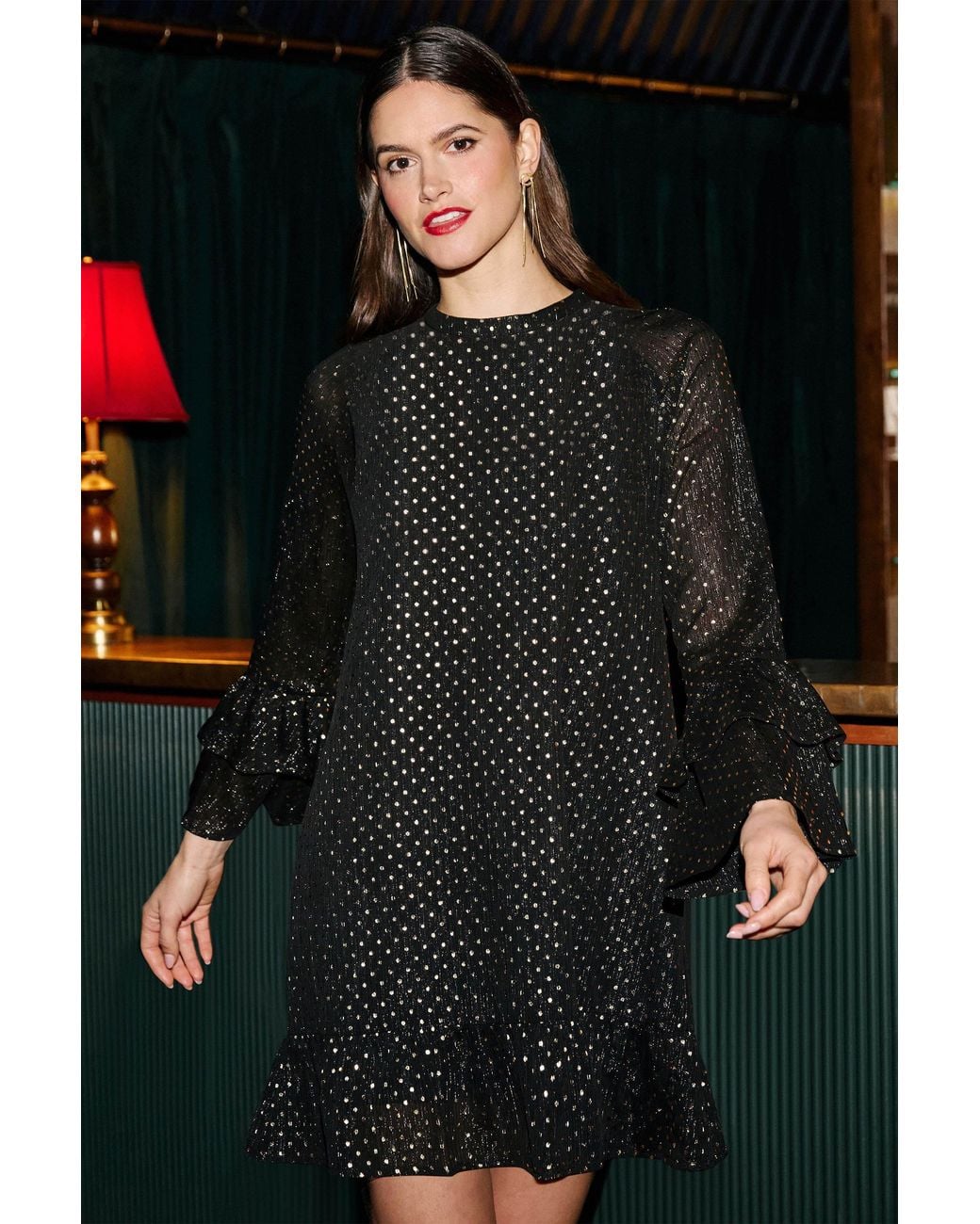 Yumi' Black Foil Print Tunic With Flared Sleeves