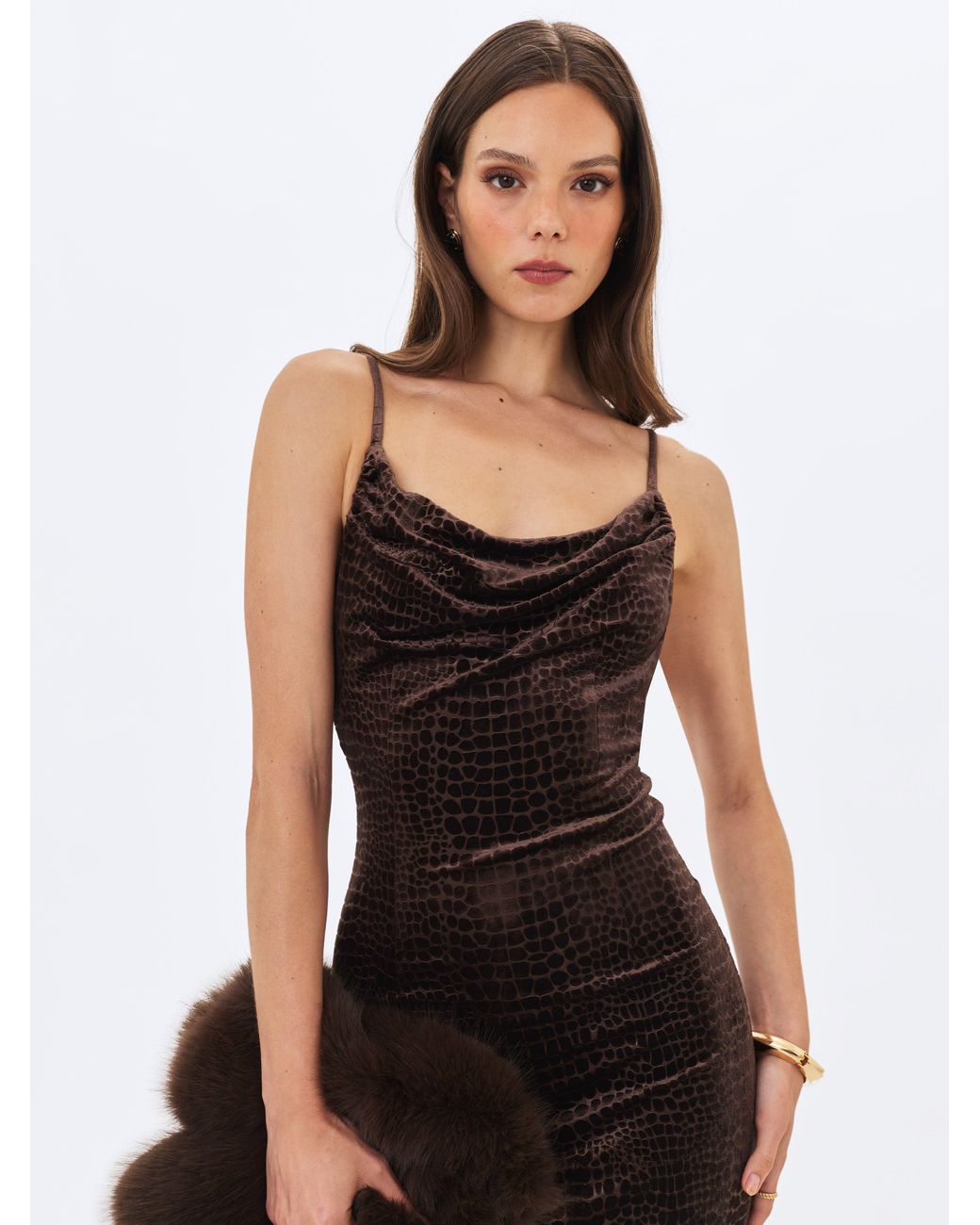 Miss Circle New York White Veronique Croc-Embossed Velvet Cowl Neck Mermaid Maxi Dress