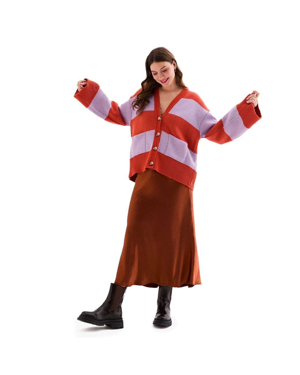 Cara & The Sky Red Candice Chunky Stripe V Neck Button Cardigan