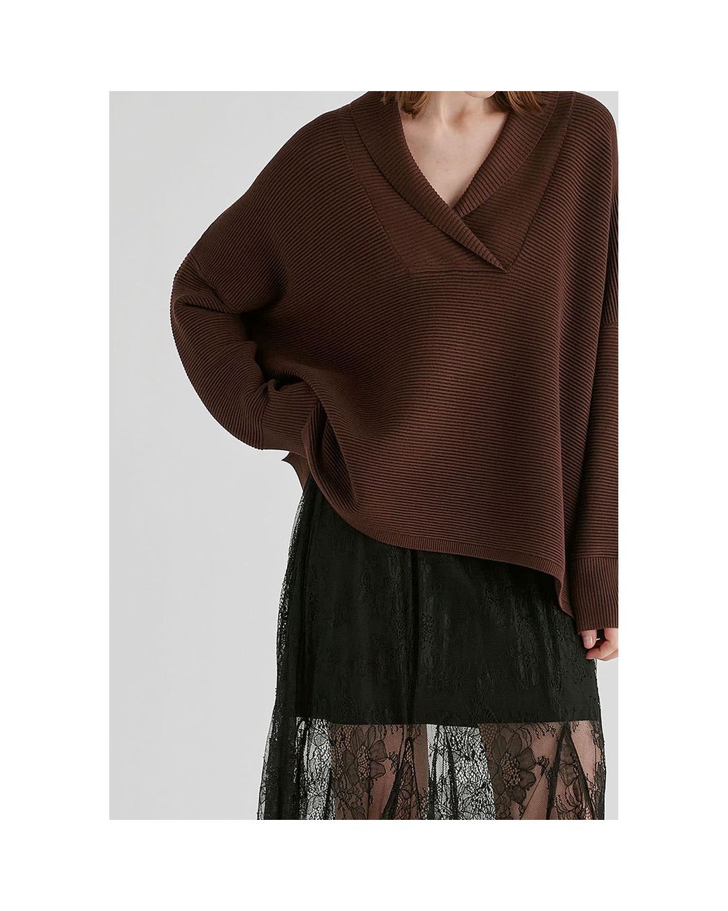 Paisie Brown Shawl Collar Ribbed Jumper