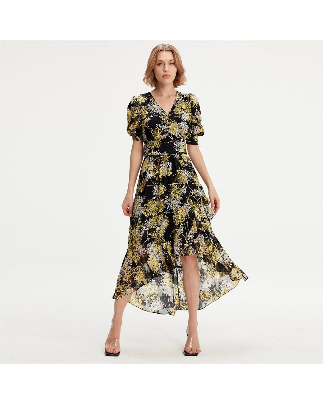 Smart and Joy Green Linear Flower Print Plunging Hem Dress