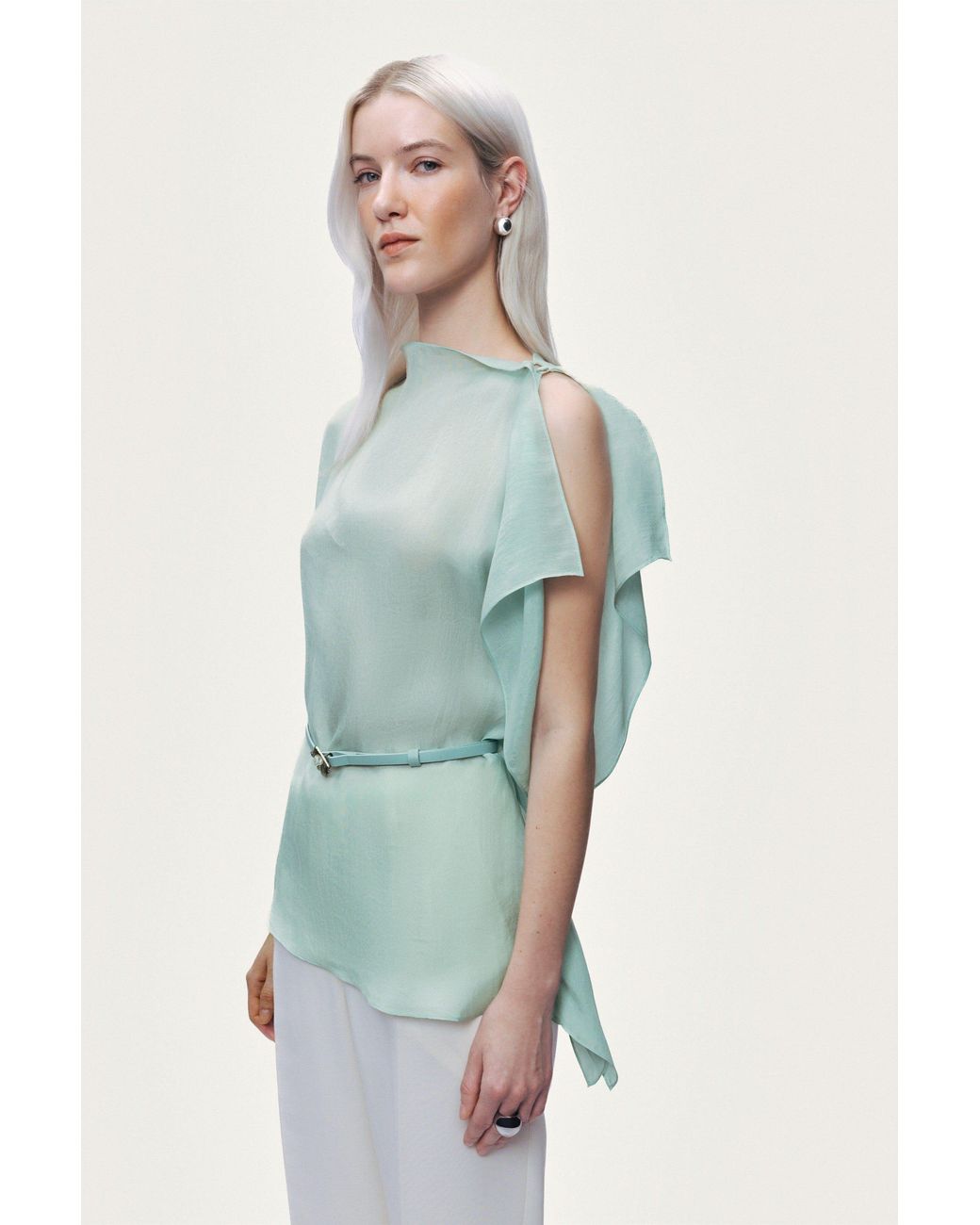 Nocturne Green Belt Detail Asymmetric Blouse