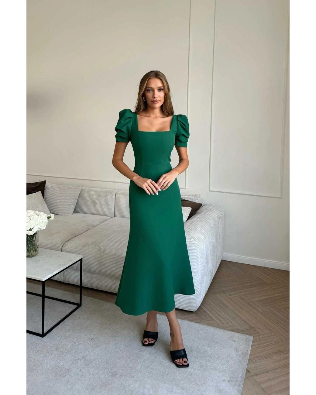 POST MERIDIEM Green Emerald Godet Silhouette Square Neck Midi Dress