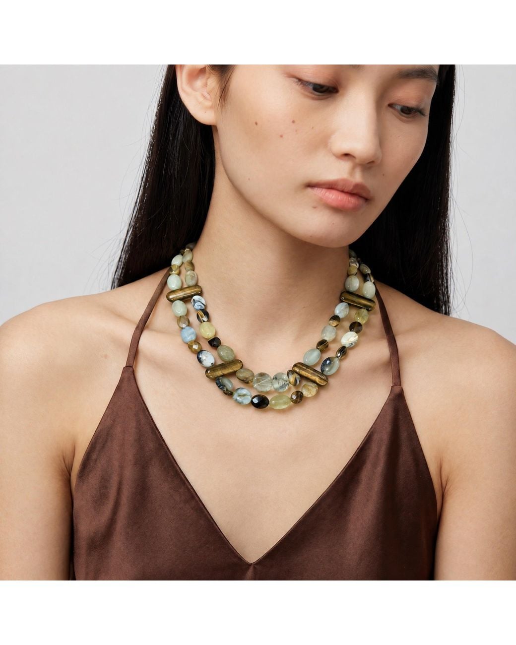 Saéa Metallic Vintage Tiger's Eye Prehnite And Jade Two-Strand Necklace