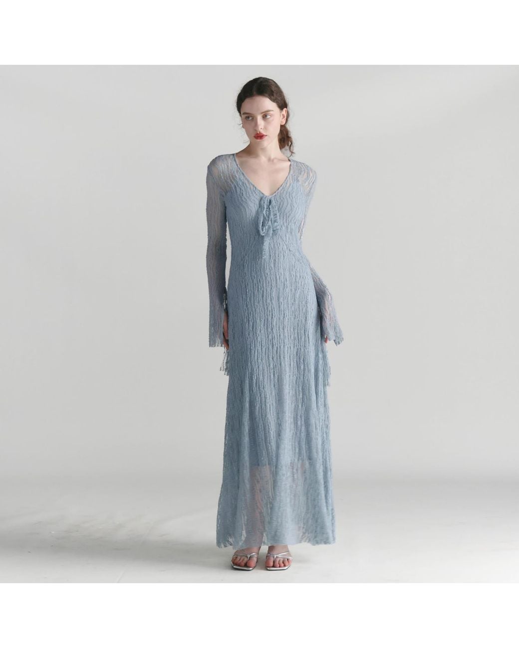 Belsize25 Blue Trumpet Dress Flared Sleeve Sheer Lace Knit Dress