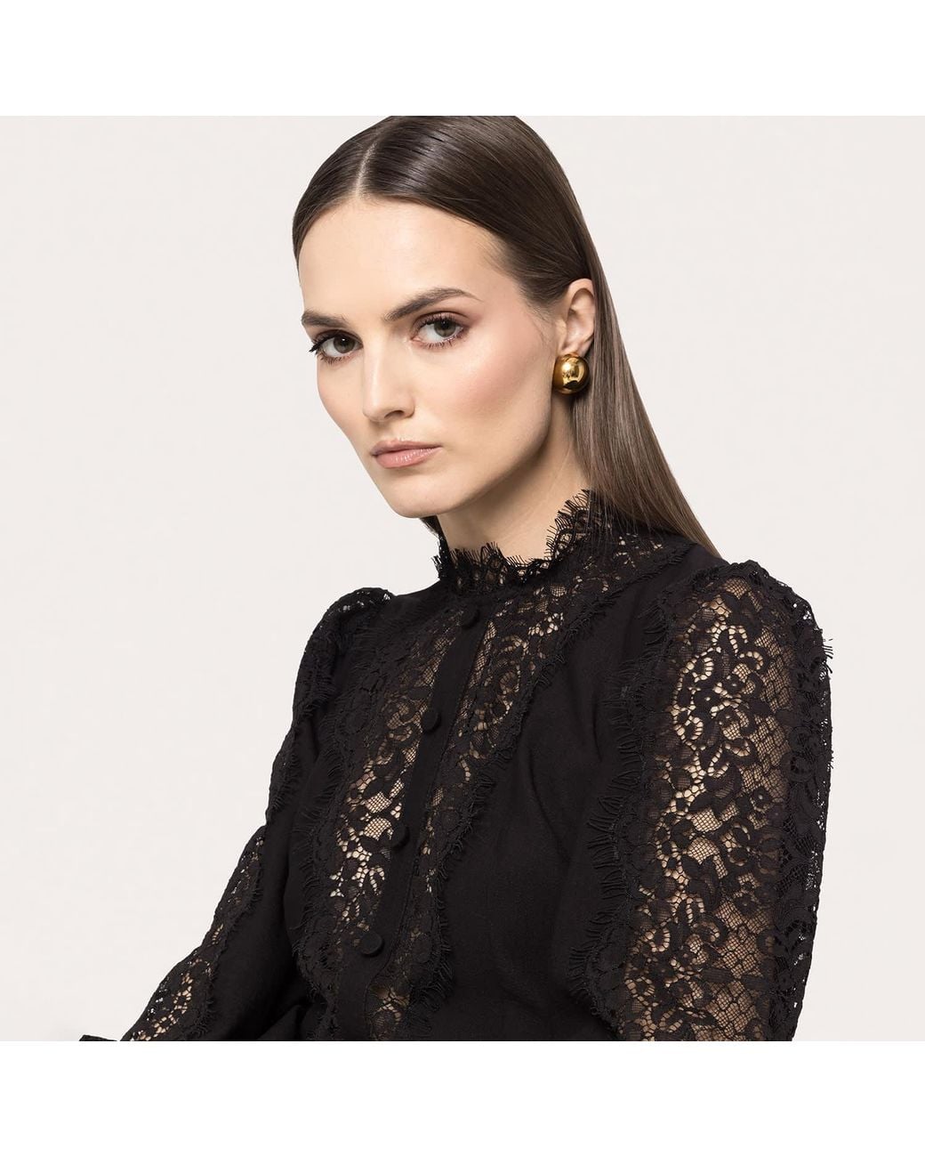 Nissa Black Lace-Insert Viscose Midi Dress