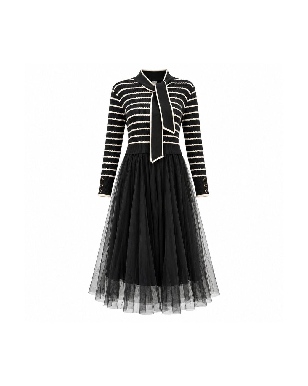 James Lakeland Black Striped Knit & Tulle Midi Dress